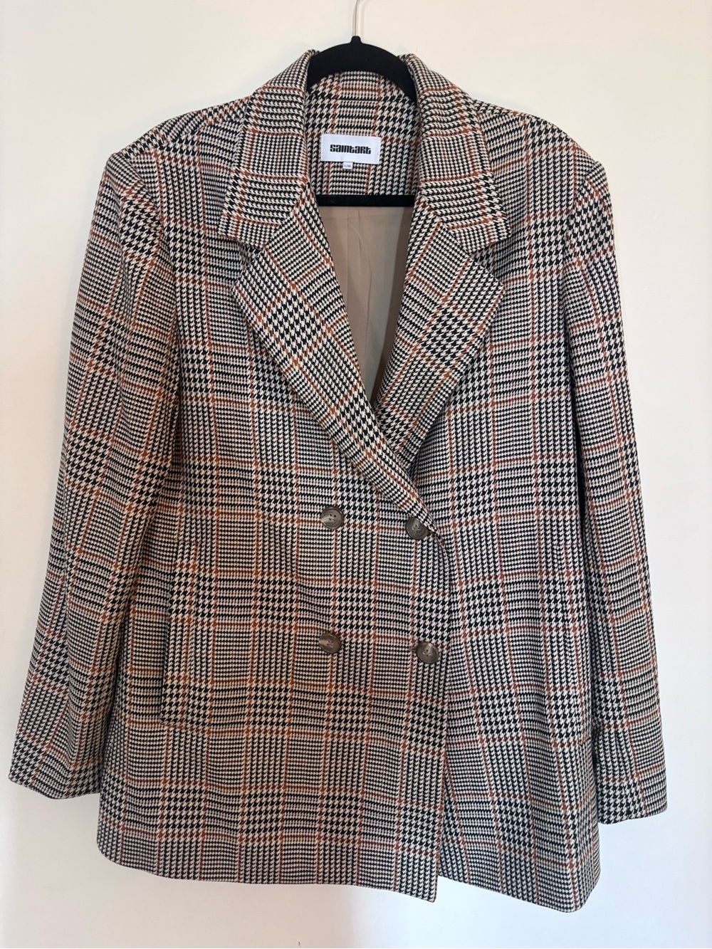 Checked Double-Breasted Blazer in Cream, Black & Brown